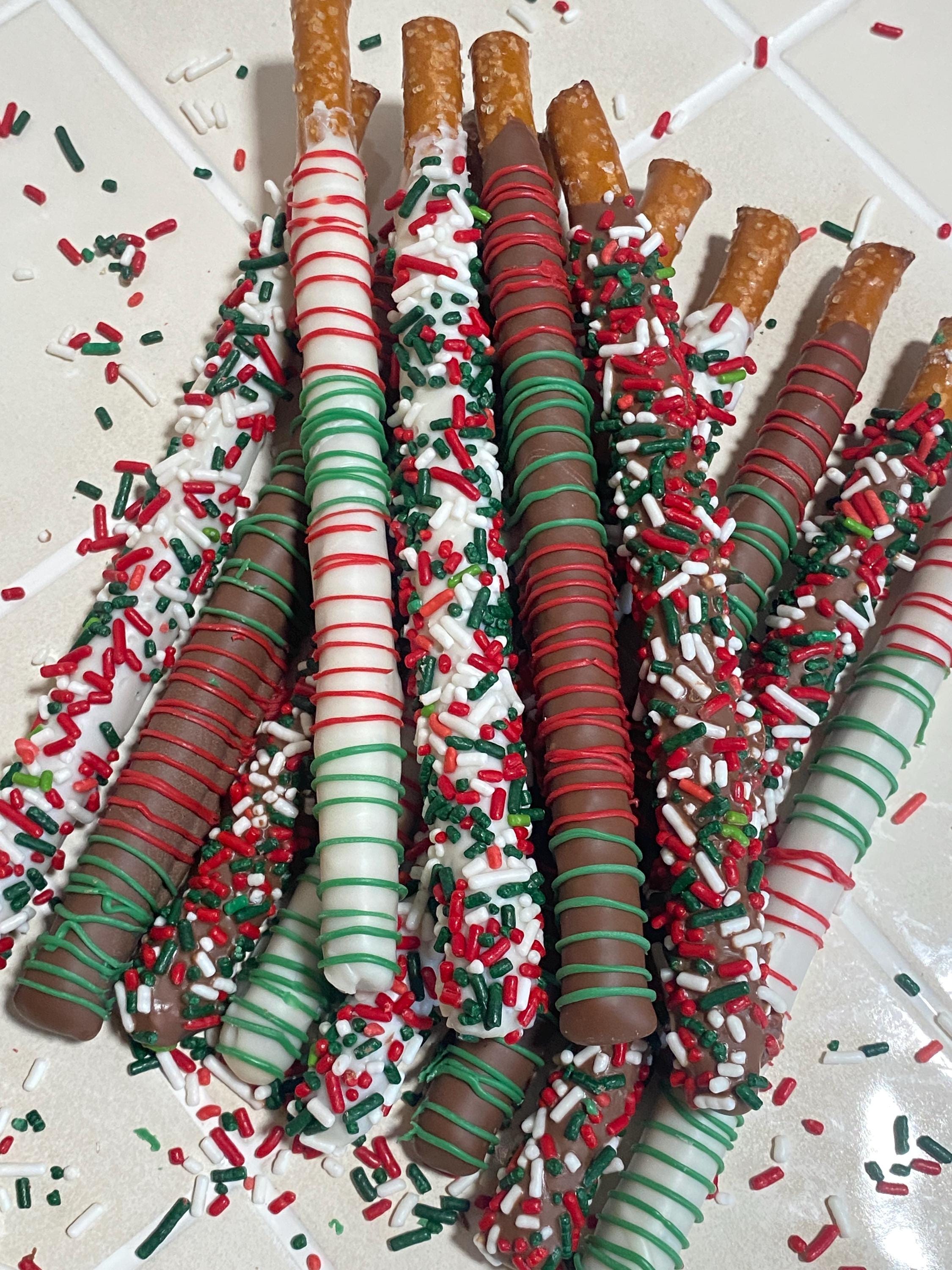 Christmas Chocolate Covered Pretzel Rods- One dozen
