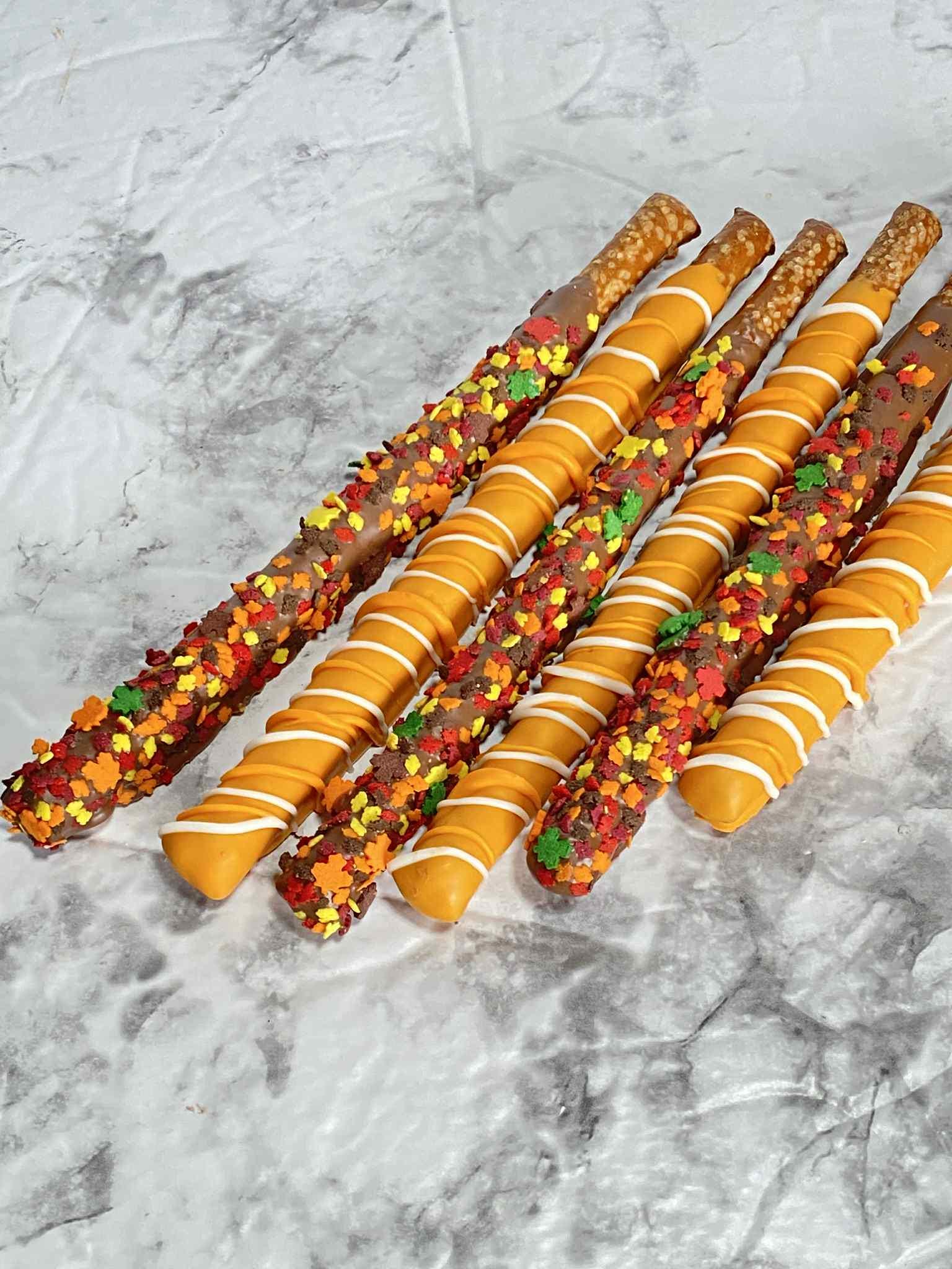 Fall Theme Chocolate Covered Pretzel Rods