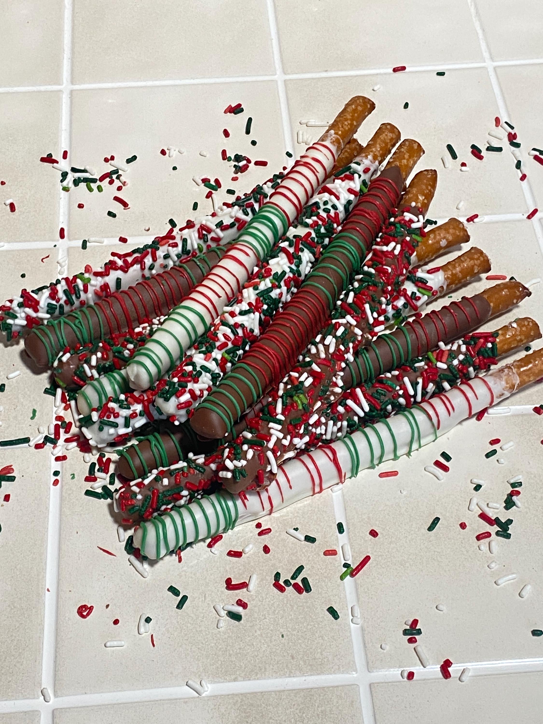 Christmas Chocolate Covered Pretzel Rods- One dozen