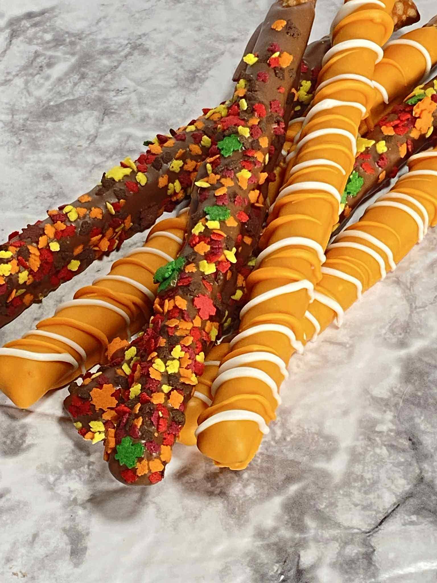 Fall Theme Chocolate Covered Pretzel Rods