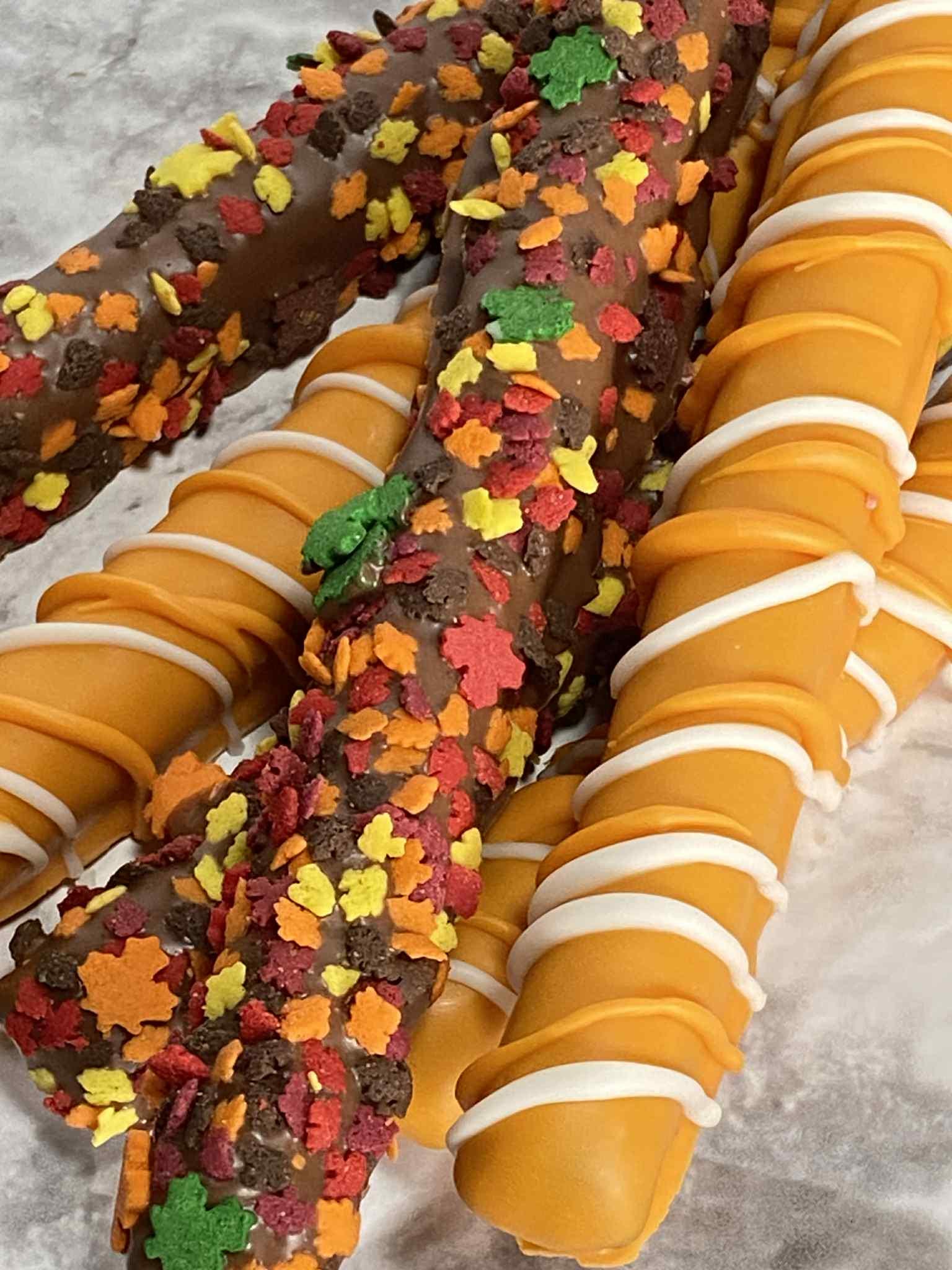 Fall Theme Chocolate Covered Pretzel Rods