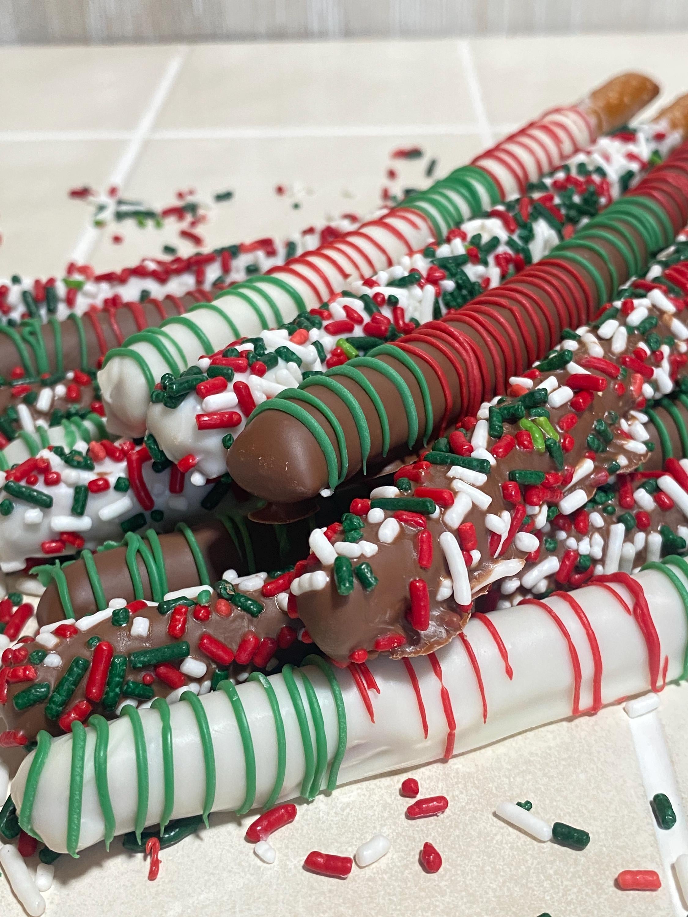 Christmas Chocolate Covered Pretzel Rods- One dozen
