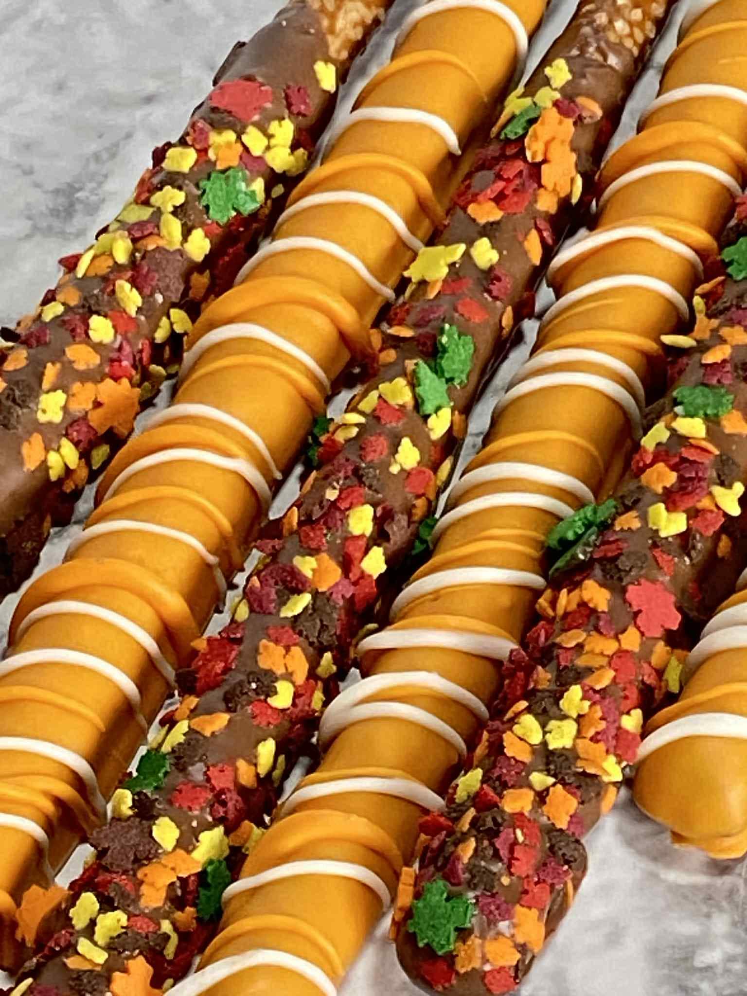 Fall Theme Chocolate Covered Pretzel Rods