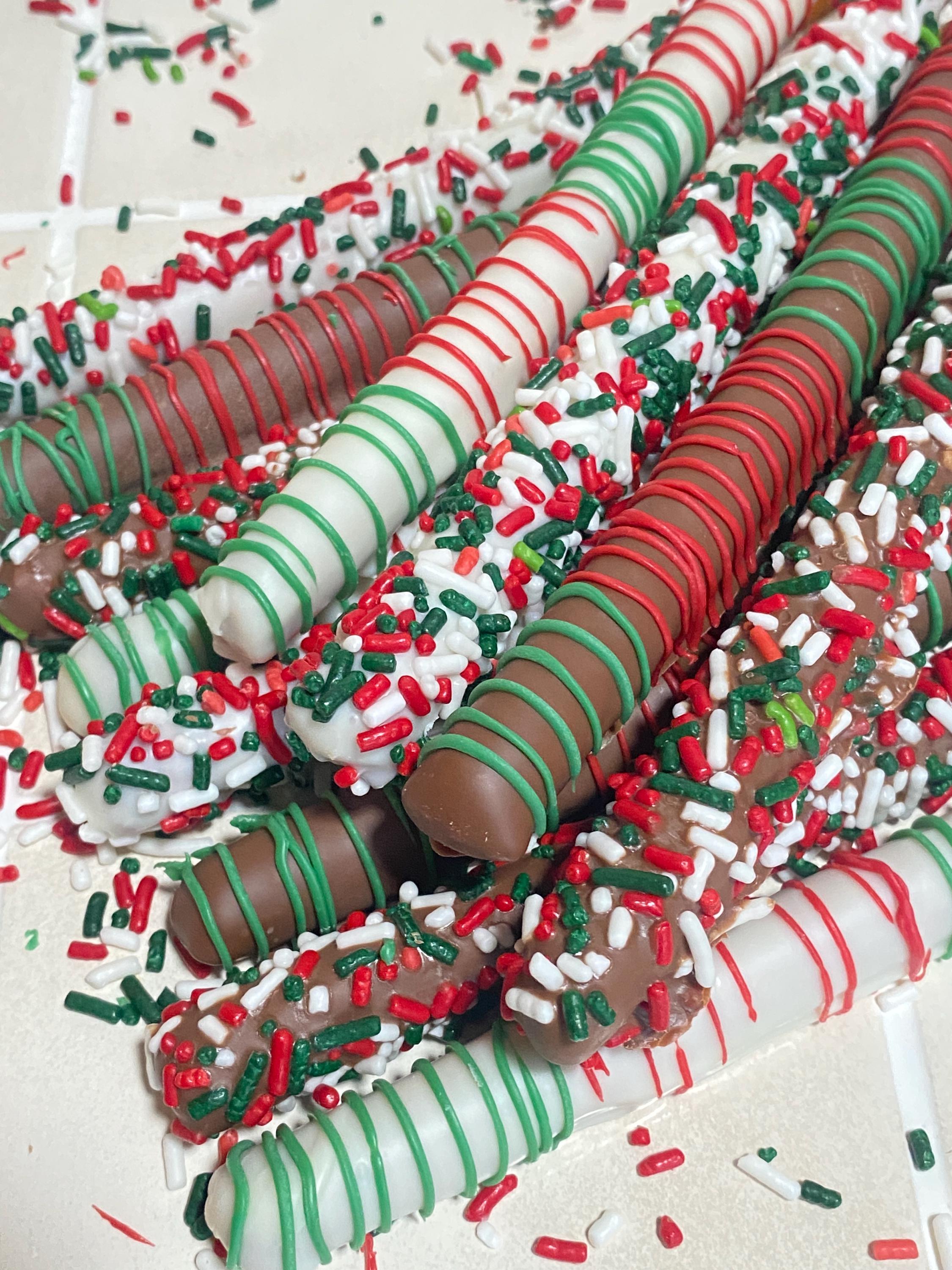 Christmas Chocolate Covered Pretzel Rods- One dozen